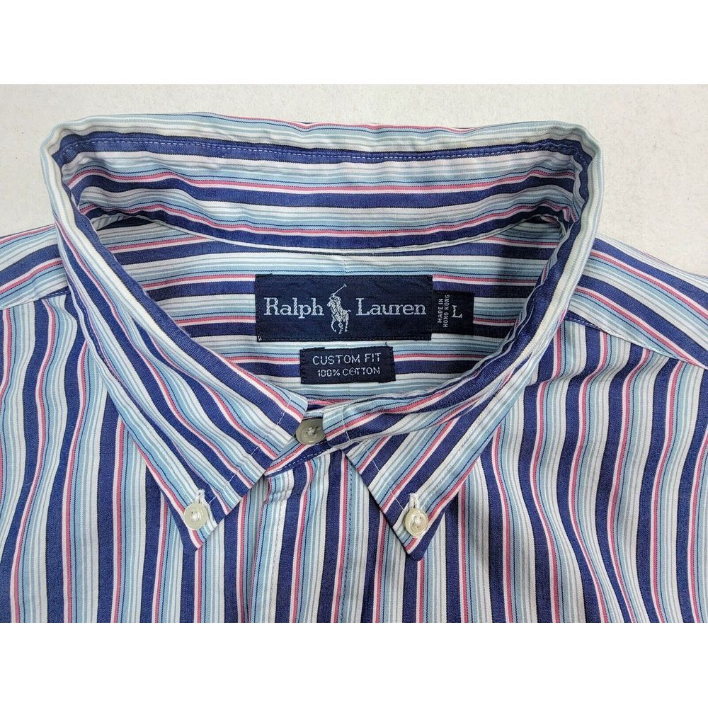Polo Ralph Lauren Shirt Mens L Blue Red Classic Fit‎ Striped Dress Oxford